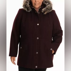Plus Size Faux-Fur-Trim Hooded Walker Coat NWT 3x